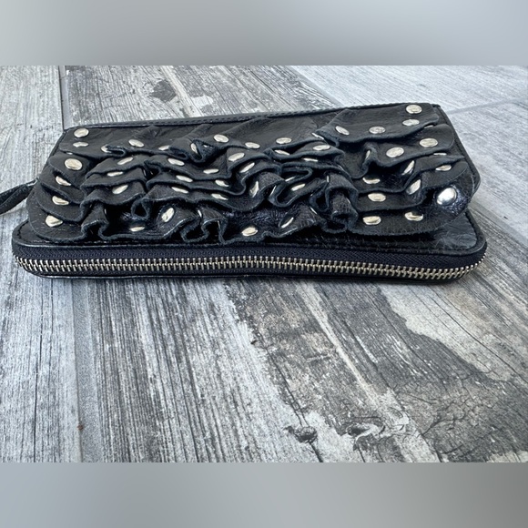 Susan Farber Y2K Leather Ruffle Studed Clutch or Crossbody Purse Black Boho - Picture 10 of 15